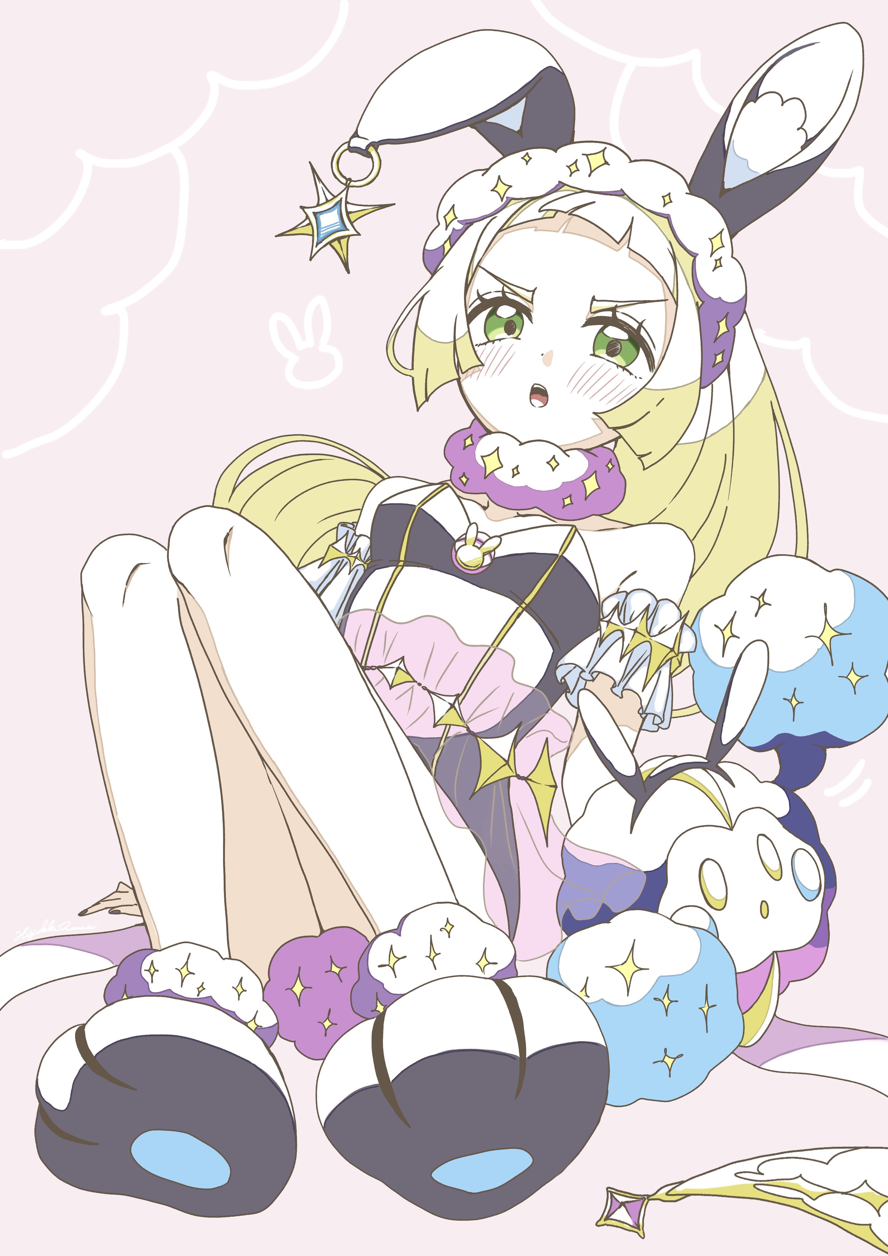 hiyokko2min, cosmog, lillie (pokemon), nintendo, pokemon, pokemon sm, absurdres, highres, 1girl, animal ears, bare shoulders, black leotard, blonde hair, blush, breasts, choker, collarbone, ear ornament, fake animal ears, gen 7 pokemon, green eyes, hairband, legendary pokemon, leotard, long hair, looking at viewer, lying, on back, open mouth, paw shoes, playboy bunny, pokemon (creature), purple choker, purple hairband, rabbit ears, teeth