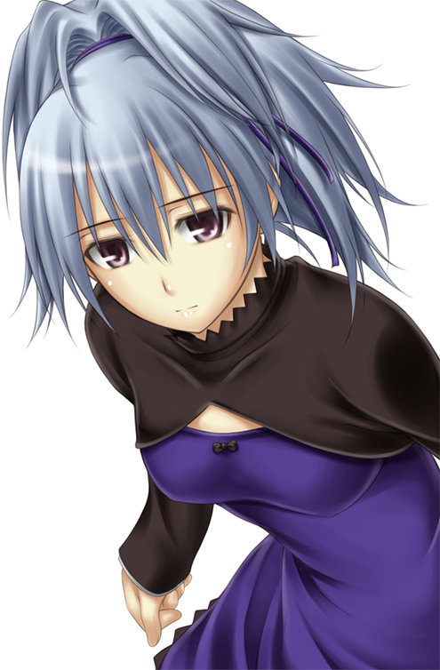 ribucci, yin (darker than black), darker than black, 00s, 1girl, cleavage cutout, clothing cutout, cowboy shot, dress, female focus, grey hair, long sleeves, pink eyes, ponytail, purple dress, purple eyes, short hair, simple background, solo, spiked hair, white background