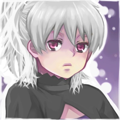 yin (darker than black), darker than black, lowres, 00s, 1girl, female focus, grey hair, long sleeves, looking at viewer, maroon eyes, ponytail, solo