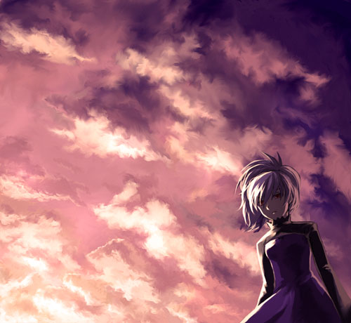 yin (darker than black), darker than black, lowres, 00s, 1girl, choker, cloud, dress, female focus, grey hair, hair ribbon, long sleeves, looking at viewer, outdoors, perspective, ponytail, purple dress, purple ribbon, red eyes, ribbon, sky, solo, standing