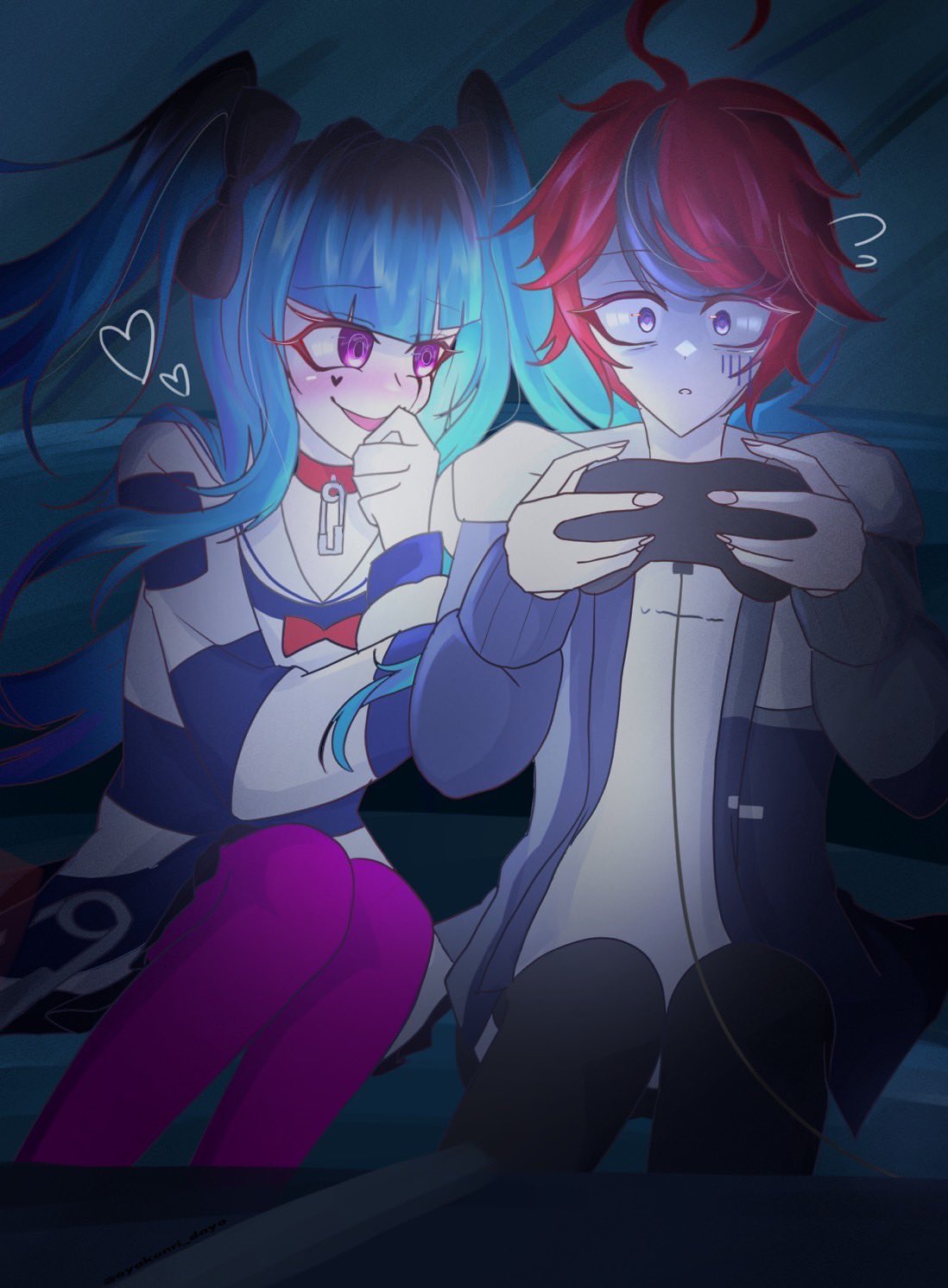 amemiya darumi, sumino takumi, the hundred line -last defense academy-, 1boy, 1girl, black bow, black hair, black pants, black skirt, blue eyes, blue hair, blush, bow, collar, controller, game controller, grey jacket, heart, hoodie, jacket, looking at another, multicolored hair, pants, pink eyes, pink thighhighs, pleated skirt, red bow, red collar, red hair, safety pin, shirt, short hair, sitting, skirt, striped clothes, striped shirt, thighhighs, twintails, upper body, white hoodie
