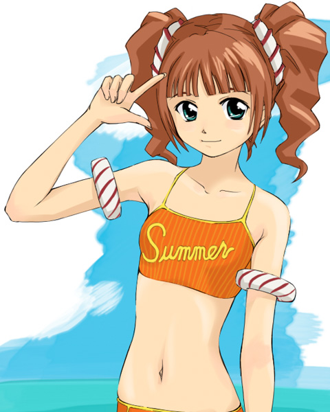 takahashi ren, takatsuki yayoi, idolmaster, idolmaster (classic), idolmaster 1, 00s, 1girl, bikini, blue eyes, blunt bangs, brown hair, clothes writing, day, female focus, navel, orange bikini, outdoors, salute, solo, swimsuit, twintails