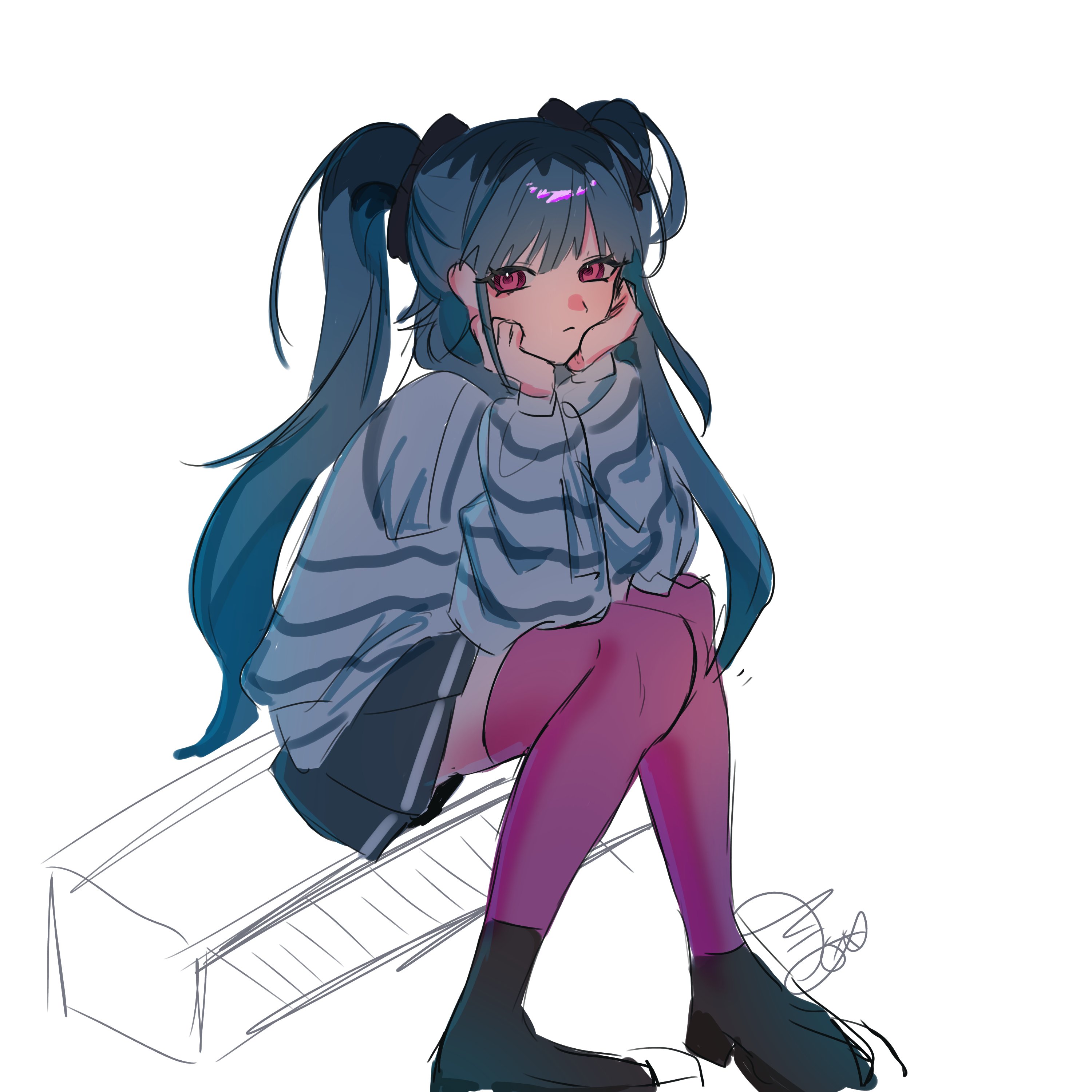 amemiya darumi, the hundred line -last defense academy-, 1girl, black bow, black hair, black skirt, blue hair, bow, hands on own face, long sleeves, looking at viewer, multicolored hair, otomegmefoxy, pink eyes, pink thighhighs, pleated skirt, shirt, sitting, skirt, striped clothes, striped shirt, thighhighs, twintails, white background
