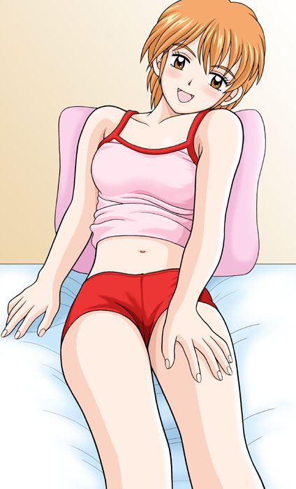 taishita, misumi nagisa, futari wa precure, precure, wall, 00s, 1girl, bed, blush, breasts, brown eyes, brown hair, collarbone, looking at viewer, lying, medium breasts, midriff, navel, open mouth, pillow, pink shirt, red shorts, shirt, short hair, shorts, smile, tank top