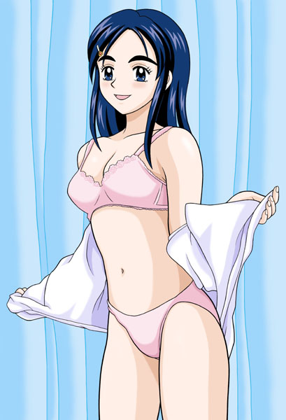 taishita, yukishiro honoka, futari wa precure, precure, 00s, 1girl, blue eyes, blue hair, blush, bra, breasts, cleavage, collarbone, curtains, hair ornament, hairclip, long hair, medium breasts, open mouth, panties, pink bra, pink panties, removing shirt, shirt, smile, underwear, undressing, white shirt