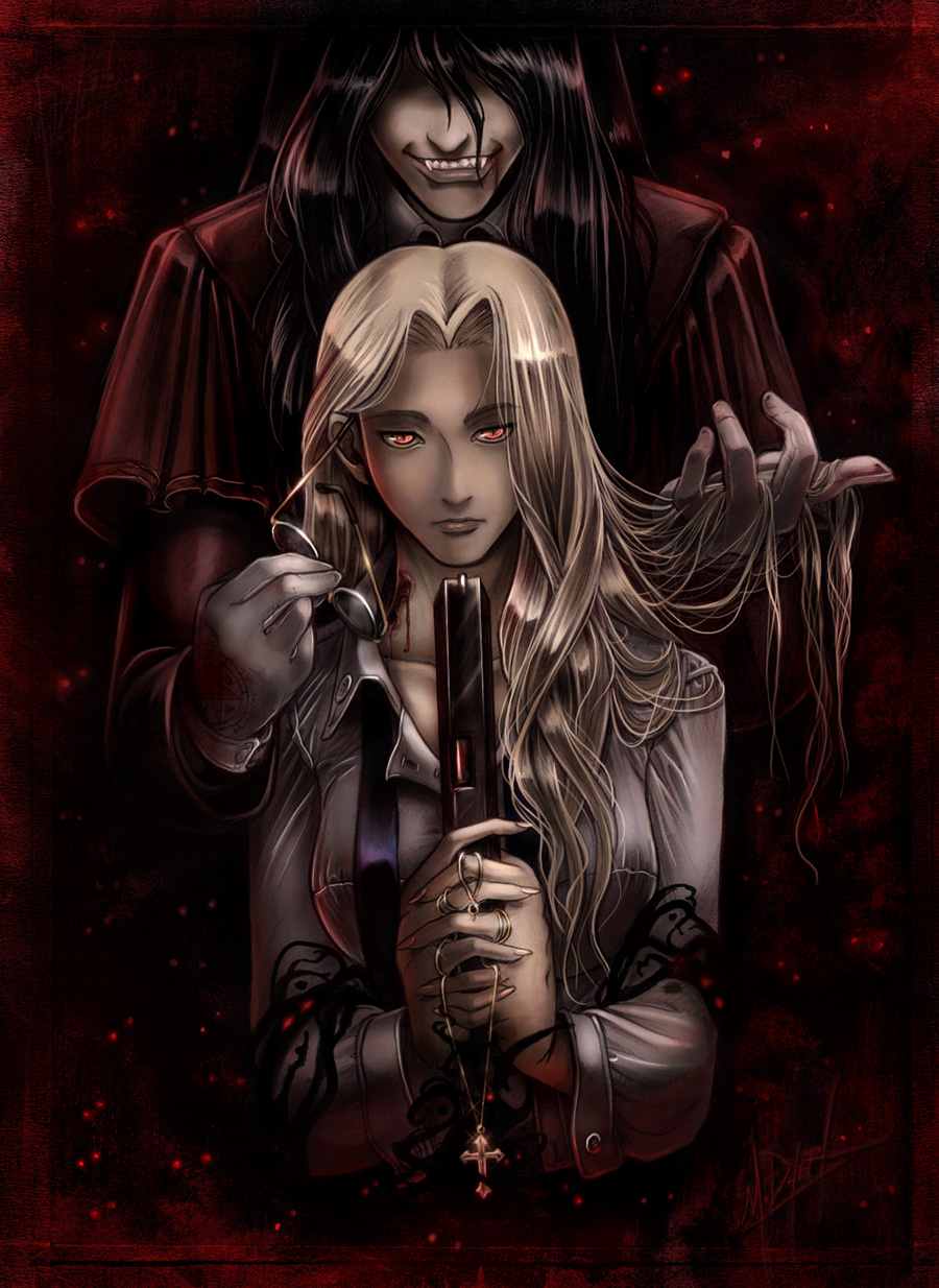 pu-sama, alucard (hellsing), integra hellsing, hellsing, highres, 1boy, 1girl, bite mark, black hair, bleeding, blonde hair, blood, blood on face, coat, cross, cross necklace, dark skin, dress shirt, fangs, formal clothes, glasses, gloves, glowing, glowing eyes, gun, injury, insignia, interlocked fingers, long hair, necktie, overcoat, pale skin, red coat, red eyes, shadow, shirt, slit pupils, smile, vampire, weapon
