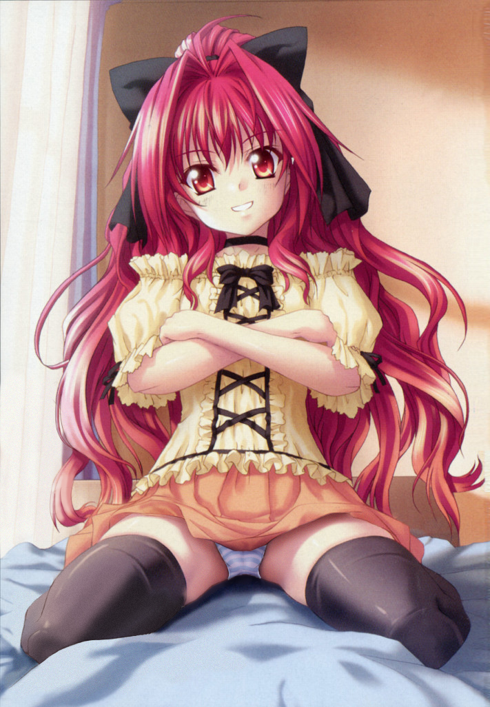 1girl, blouse, bow, choker, crossed arms, female focus, frills, grin, hair ribbon, long hair, panties, pantyshot, red eyes, red hair, ribbon, shirt, skirt, smile, solo, striped clothes, striped panties, thighhighs, underwear, upskirt