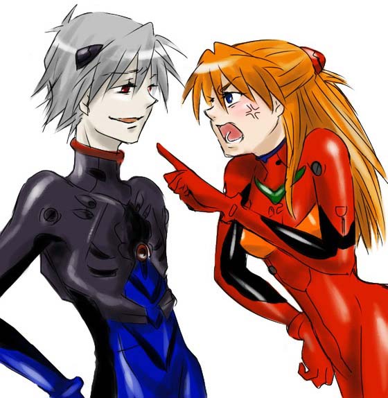 nagisa kaworu, souryuu asuka langley, neon genesis evangelion, 1boy, 1girl, long hair, mecha pilot suit, plugsuit (evangelion), short hair