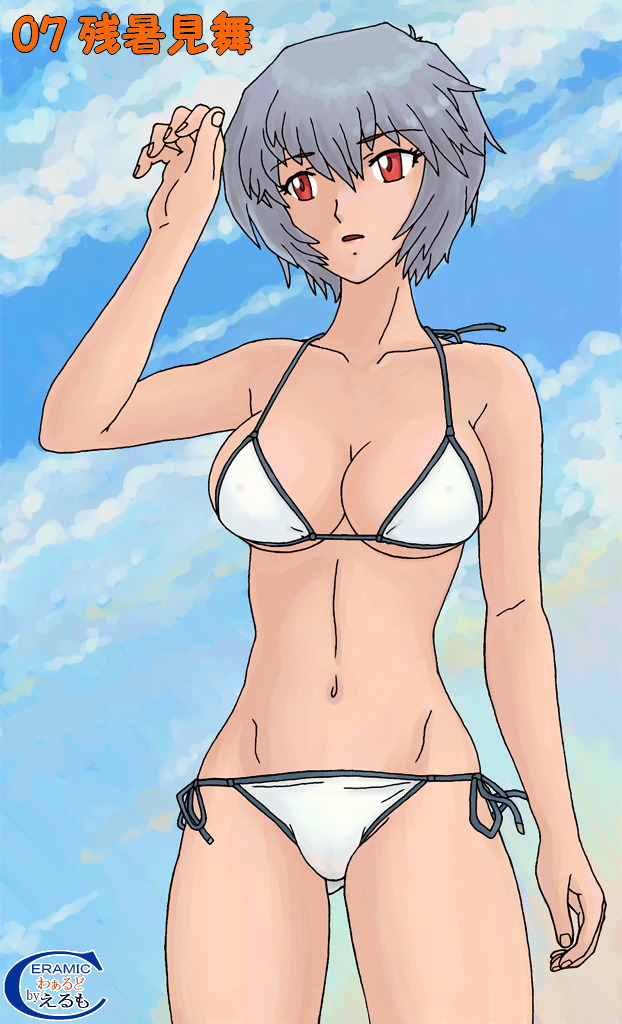 ayanami rei, neon genesis evangelion, artist request, 1girl, bikini, blue hair, breasts, navel, red eyes, side-tie bikini bottom, sideboob, swimsuit, underboob