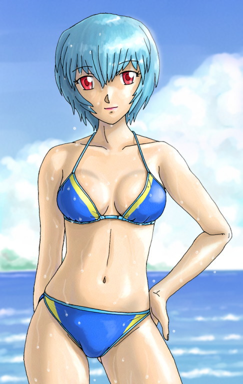 ayanami rei, neon genesis evangelion, tagme, bikini, blue hair, red eyes, swimsuit
