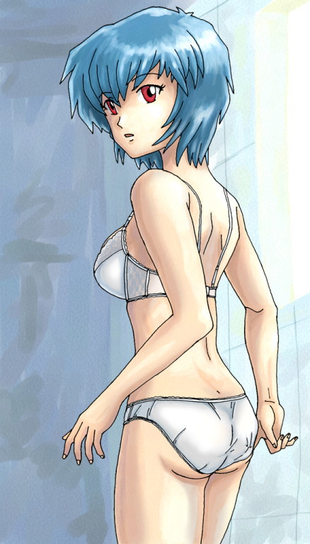 ayanami rei, neon genesis evangelion, blue hair, bra, lingerie, panties, red eyes, underwear, white bra, white panties