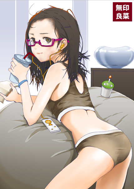 fuyuno haruaki, original, 1girl, ass, back, bra, digital media player, female focus, glasses, ipod, lingerie, messy hair, panties, solo, sports bra, tank top, underwear, underwear only