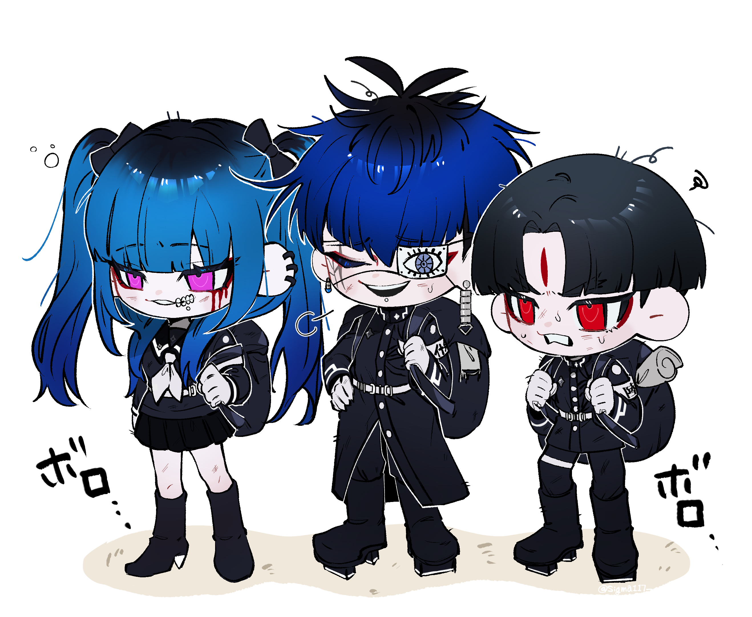 sigma117, amemiya darumi, maruko gaku, omokage yugamu, the hundred line -last defense academy-, 1girl, 2boys, backpack, bag, black boots, black bow, black hair, black pants, black shirt, black skirt, blood, blood on face, bloody tears, blue hair, boots, bow, chibi, ear piercing, earrings, eyepatch, face piercing, hand on own hip, jewelry, last defense academy school uniform, lip piercing, mulitcoloured hair, multiple boys, one eye closed, open mouth, pants, piercing, pink eyes, pleated skirt, red eyes, shirt, short hair, skirt, twintails, white background