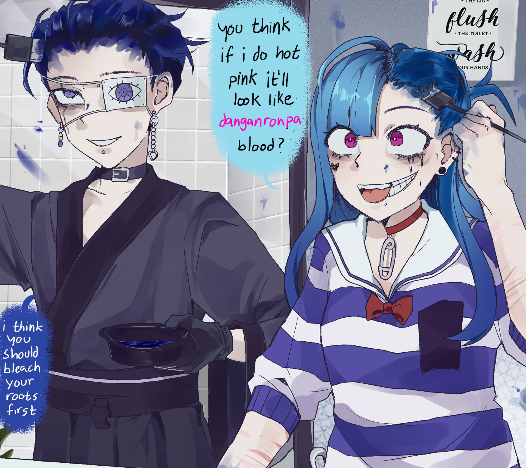 amemiya darumi, omokage yugamu, the hundred line -last defense academy-, black collar, black gloves, blue eyes, blue hair, bow, collar, ear piercing, earrings, eyepatch, face piercing, gloves, hair down, hand up, japanese clothes, jewelry, lip piercing, open mouth, piercing, pink eyes, red bow, red collar, safety pin, scar, scar on arm, shirt, sleeves rolled up, speech bubble, striped clothes, striped shirt