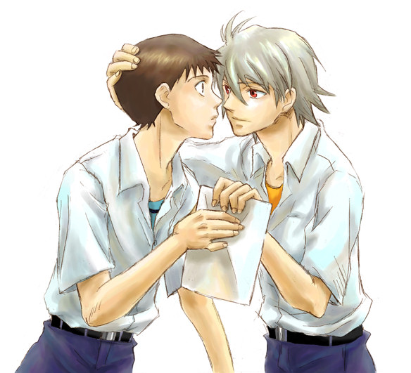 ikari shinji, nagisa kaworu, neon genesis evangelion, hand on head, 2boys, eye contact, imminent kiss, looking at another, male focus, multiple boys, yaoi