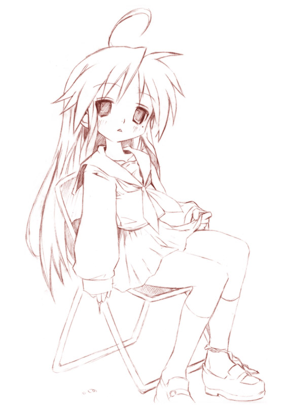 hermmy, izumi konata, lucky star, 00s, 1girl, female focus, mole, mole under eye, monochrome, red theme, school uniform, serafuku, sketch, solo