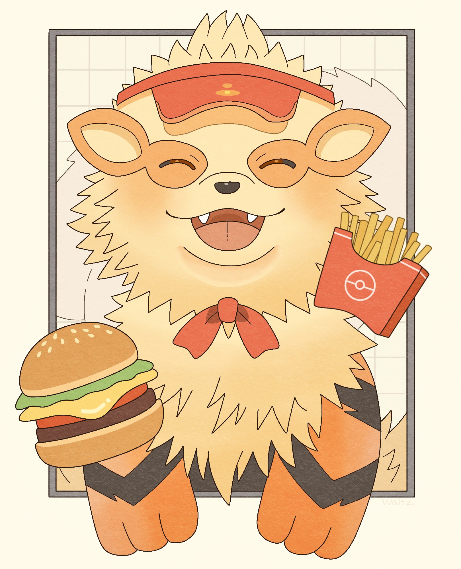 waltz (wal w wal), arcanine, nintendo, pokemon, highres, blush, bow, burger, closed eyes, facing viewer, fangs, fangs out, fluffy, food, french fries, gen 1 pokemon, no humans, open mouth, orange fur, pokemon (creature), red bow, smile, visor cap
