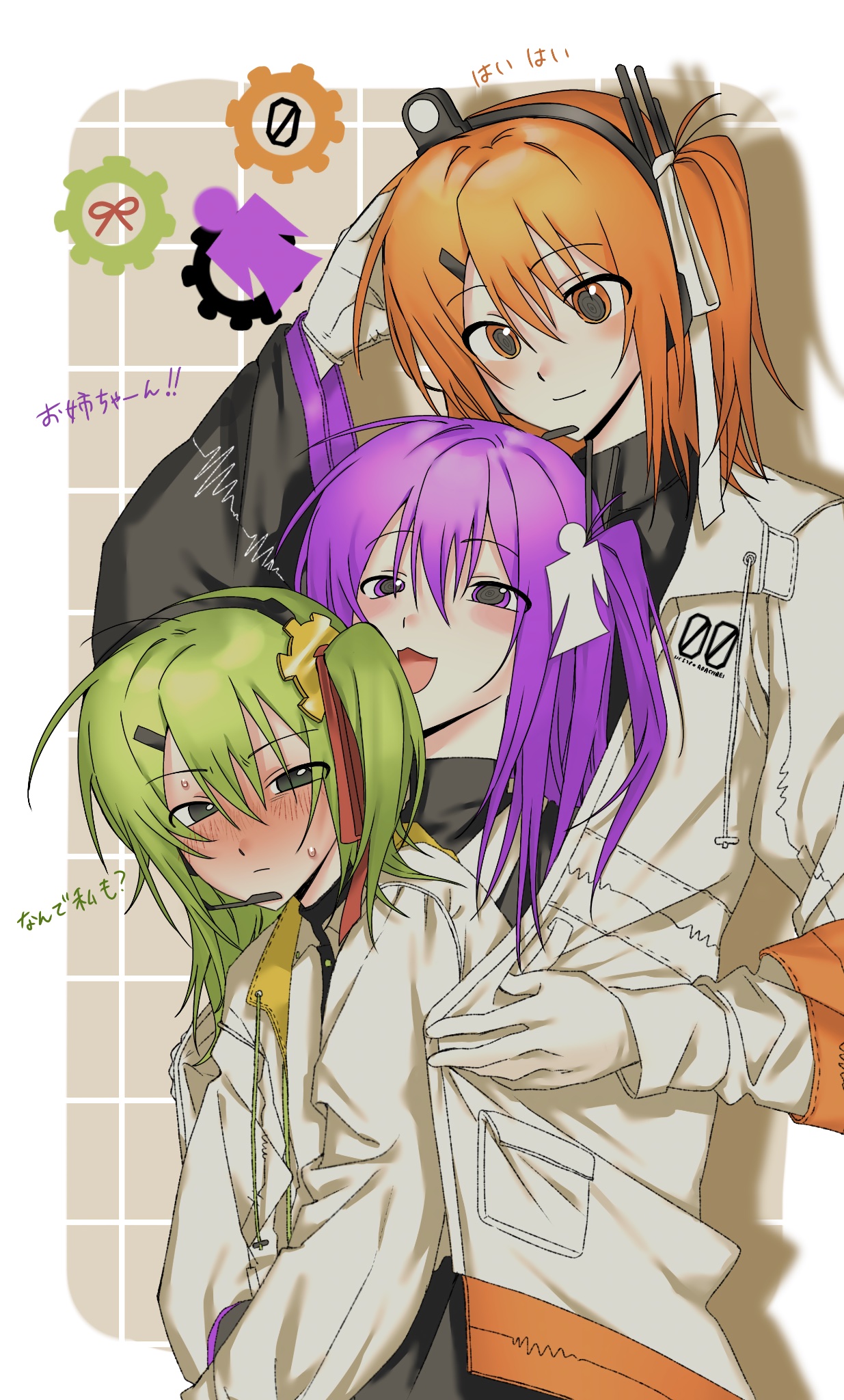 hirune (suiminbusoku118), adachi rei, chaun meguri, tsukumo shion, a.i. voice, original, utau, highres, 3girls, black eyes, blush, closed mouth, green hair, jacket, long hair, long sleeves, looking at viewer, multiple girls, open mouth, orange eyes, orange hair, purple eyes, purple hair, upper body, white jacket