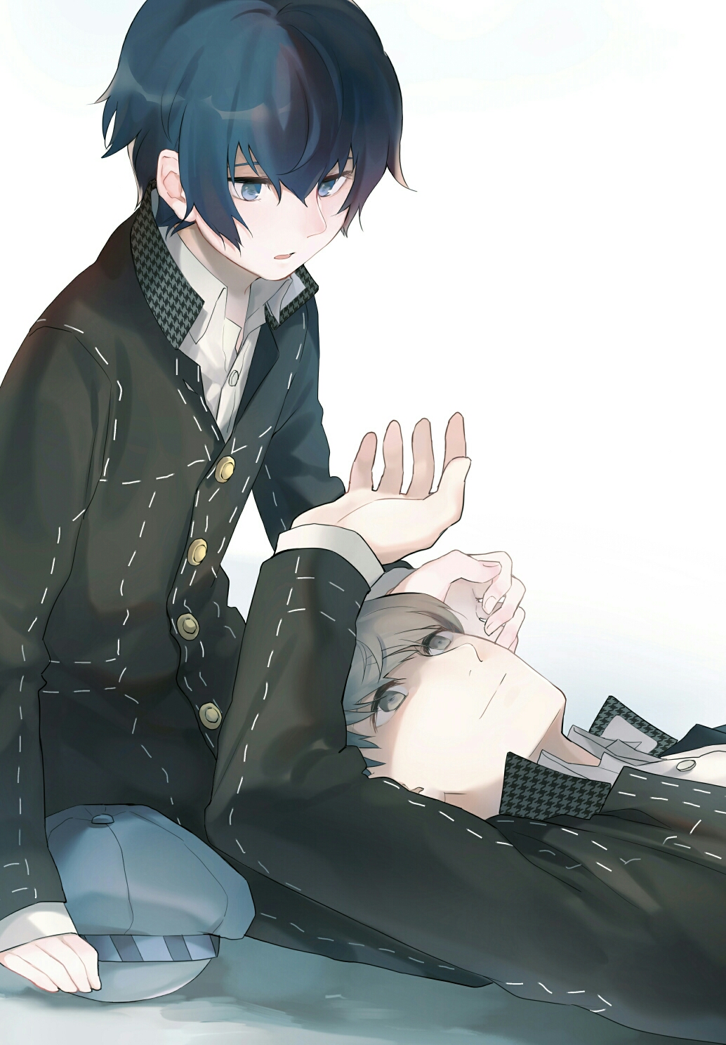 yft000, narukami yu, shirogane naoto, persona, persona 4, commentary request, highres, 1boy, 1girl, androgynous, black jacket, black pants, blue eyes, blue hair, blue hat, closed mouth, collared shirt, gakuran, grey eyes, grey hair, hat, jacket, lap pillow, looking at another, looking down, looking up, newsboy cap, pants, school uniform, shirt, simple background, sitting, smile, tomboy, unworn hat, unworn headwear, white background, white shirt, yasogami school uniform