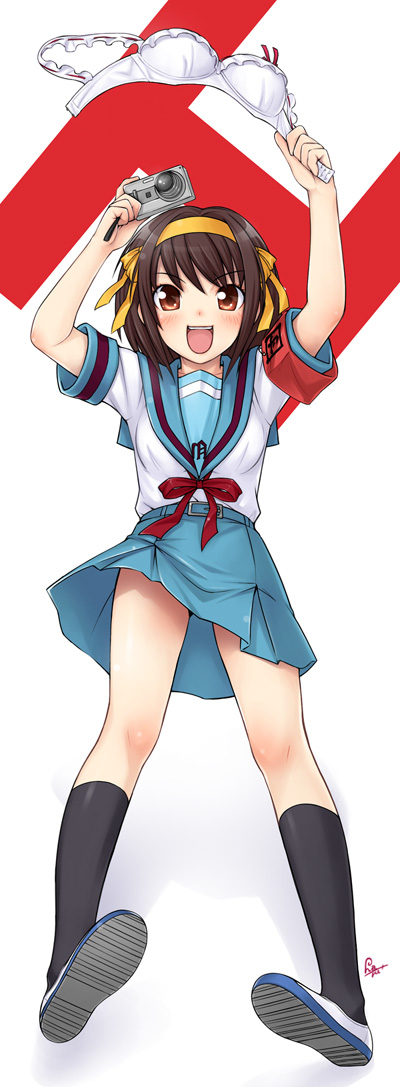 ha-ru, suzumiya haruhi, suzumiya haruhi no yuuutsu, 00s, bra, brown hair, camera, lingerie, school uniform, serafuku, short hair, solo, underwear