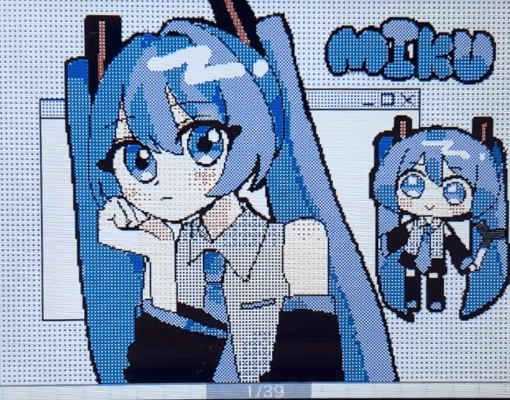 kouno rikopin, hatsune miku, vocaloid, commentary, flipnote studio (medium), symbol-only commentary, 1girl, bare shoulders, blue eyes, blue hair, blue necktie, character name, chibi, chibi inset, detached sleeves, dithering, hand up, long hair, long sleeves, looking at viewer, multiple views, necktie, shirt, sleeveless, sleeveless shirt, twintails, window (computing)