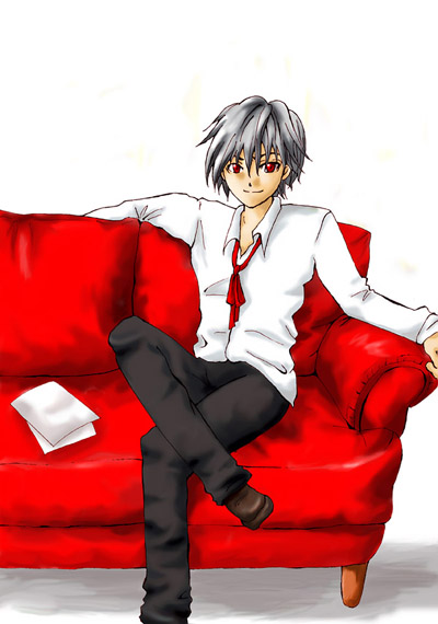 nagisa kaworu, neon genesis evangelion, 1boy, couch, male focus, red eyes, red upholstery, sitting, smile, solo