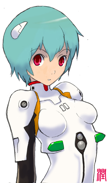 junkaido, ayanami rei, neon genesis evangelion, blue hair, interface headset (evangelion), mecha pilot suit, plugsuit (evangelion), red eyes, short hair, simple background, solo, white background