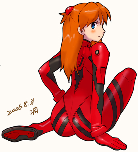 junkaido, souryuu asuka langley, neon genesis evangelion, tagme, 1girl, 2006, ass, blue eyes, blush, bodysuit, breasts, dated, female focus, hand on own hip, long hair, mecha pilot suit, orange hair, plugsuit (evangelion), simple background, solo, white background