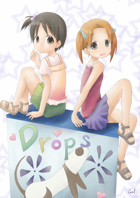itou chika, matsuoka miu, ichigo mashimaro, 2girls, black hair, child, green skirt, hair bobbles, hair ornament, hair ribbon, looking at viewer, multiple girls, orange hair, pink shirt, purple skirt, ribbon, sandals, shirt, side ponytail, simple background, sitting, skirt, star (symbol), tank top, twintails, yellow shirt