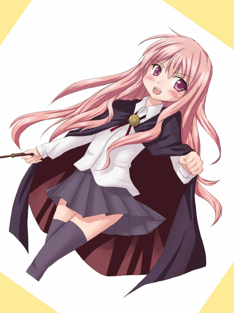 louise francoise le blanc de la valliere, zero no tsukaima, artist request, 00s, 1girl, cape, female focus, long hair, pentacle, pink eyes, pink hair, skirt, solo, thighhighs, wand, zettai ryouiki