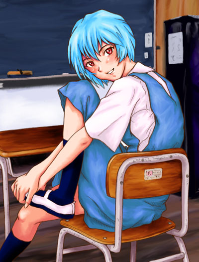 ayanami rei, neon genesis evangelion, blue hair, red eyes, school uniform, serafuku, short hair