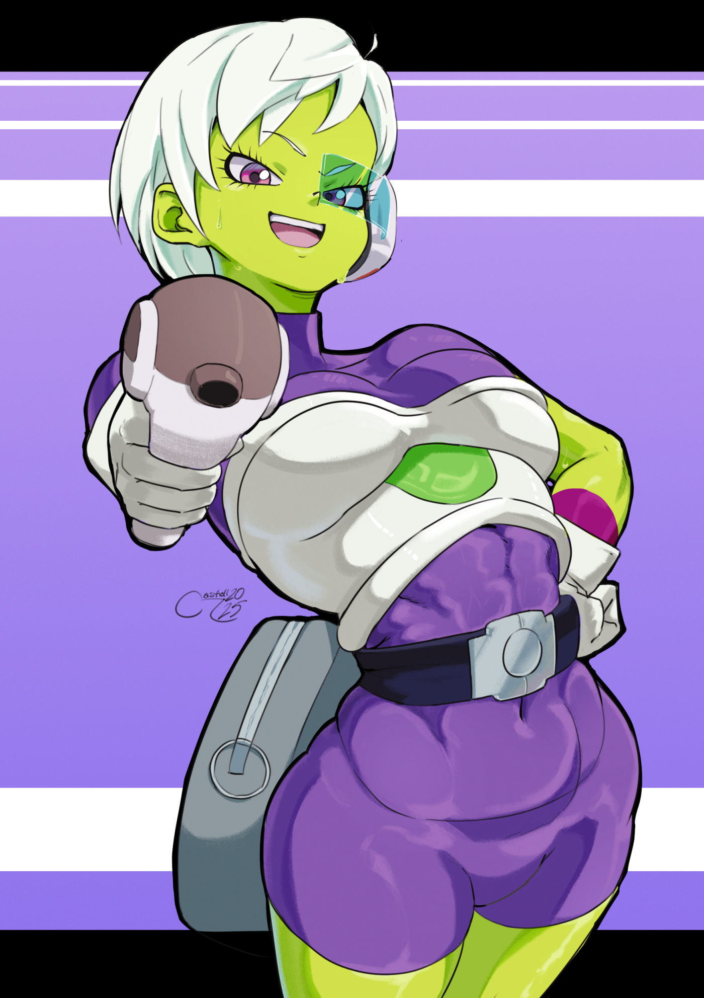 castell, cheelai, dragon ball, dragon ball super, dragon ball super broly, 1girl, aiming, artist name, belt, breasts, collarbone, colored skin, female focus, gloves, green skin, gun, hand on own hip, holding, holding weapon, legs together, looking at viewer, open mouth, purple eyes, scouter, short hair, weapon, white gloves, white hair