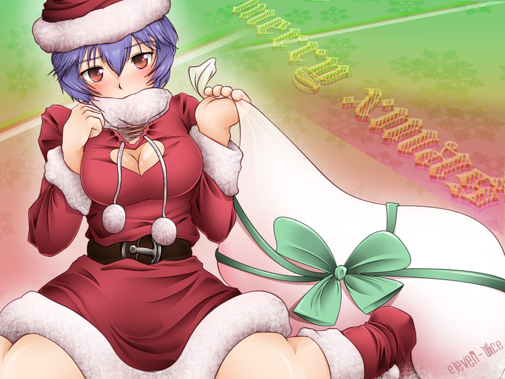 satomi sato, ayanami rei, neon genesis evangelion, santa boots, 1girl, belt, blue hair, blush, boots, breasts, brown eyes, christmas, cleavage, cleavage cutout, clothing cutout, drawstring, female focus, fur-trimmed boots, fur-trimmed headwear, fur-trimmed sleeves, fur trim, hair between eyes, hat, head tilt, holding, holding sack, long sleeves, looking at viewer, medium breasts, merry christmas, red boots, red hat, sack, santa costume, santa hat, short hair, sitting, solo, wariza