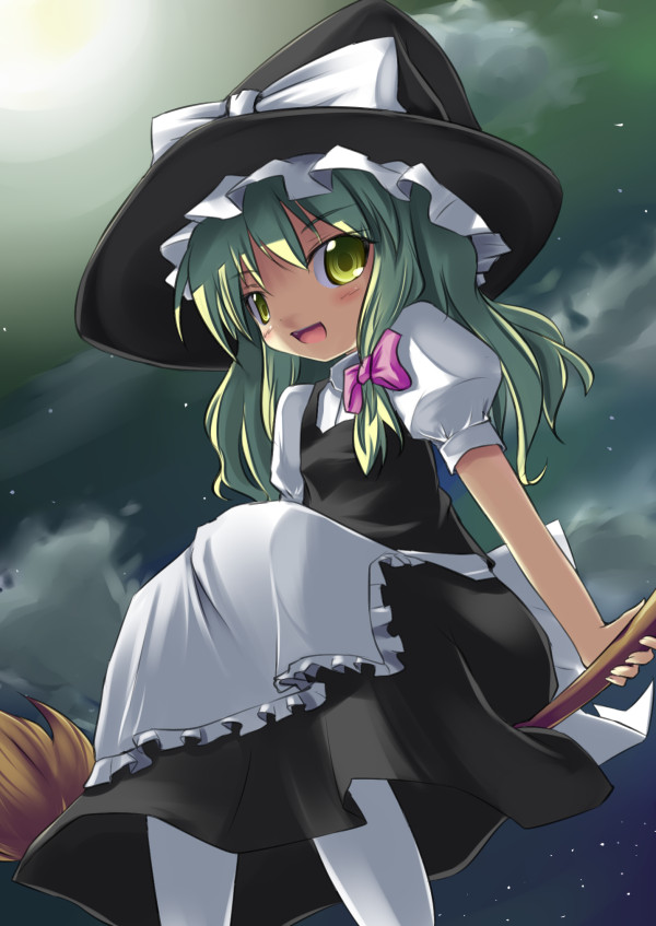 kuro (be ok), kirisame marisa, touhou, 1girl, blonde hair, broom, broom riding, female focus, full moon, green eyes, green hair, hat, matching hair/eyes, moon, pantyhose, sidesaddle, sky, solo, witch, witch hat