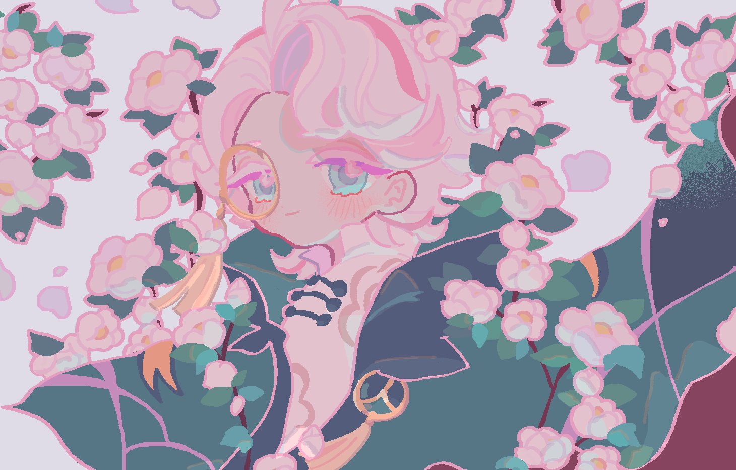 reed, cookie run, cookie run: kingdom, commentary, symbol-only commentary, 1boy, androgynous, aqua eyes, blush, camellia cookie, closed mouth, collared jacket, collared shirt, colored eyelashes, flower, green jacket, grey background, hair behind ear, humanization, jacket, looking at viewer, male focus, monocle, multicolored hair, open clothes, open jacket, outline, pink eyes, pink outline, shirt, short hair, simple background, smile, solo, streaked hair, two-tone hair, upper body, white eyelashes, white flower, white hair, white shirt