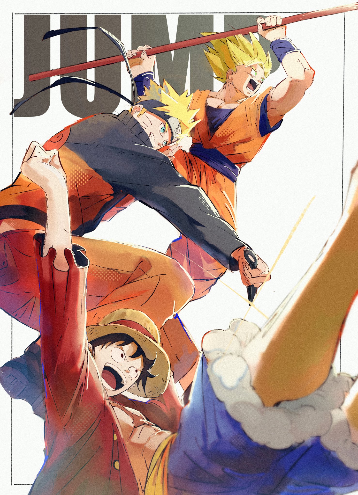 yuuki (illust2002), monkey d. luffy, son goku, uzumaki naruto, dragon ball, naruto (series), one piece, commentary, highres, 3boys, alternate form, arm up, black hair, blonde hair, blue eyes, blue shorts, hat, headband, holding, holding polearm, holding shuriken, holding weapon, male focus, multiple boys, open mouth, polearm, sash, scar, scar on face, short hair, shorts, shuriken, sparkle, straw hat, super saiyan, weapon, wristband, yellow sash