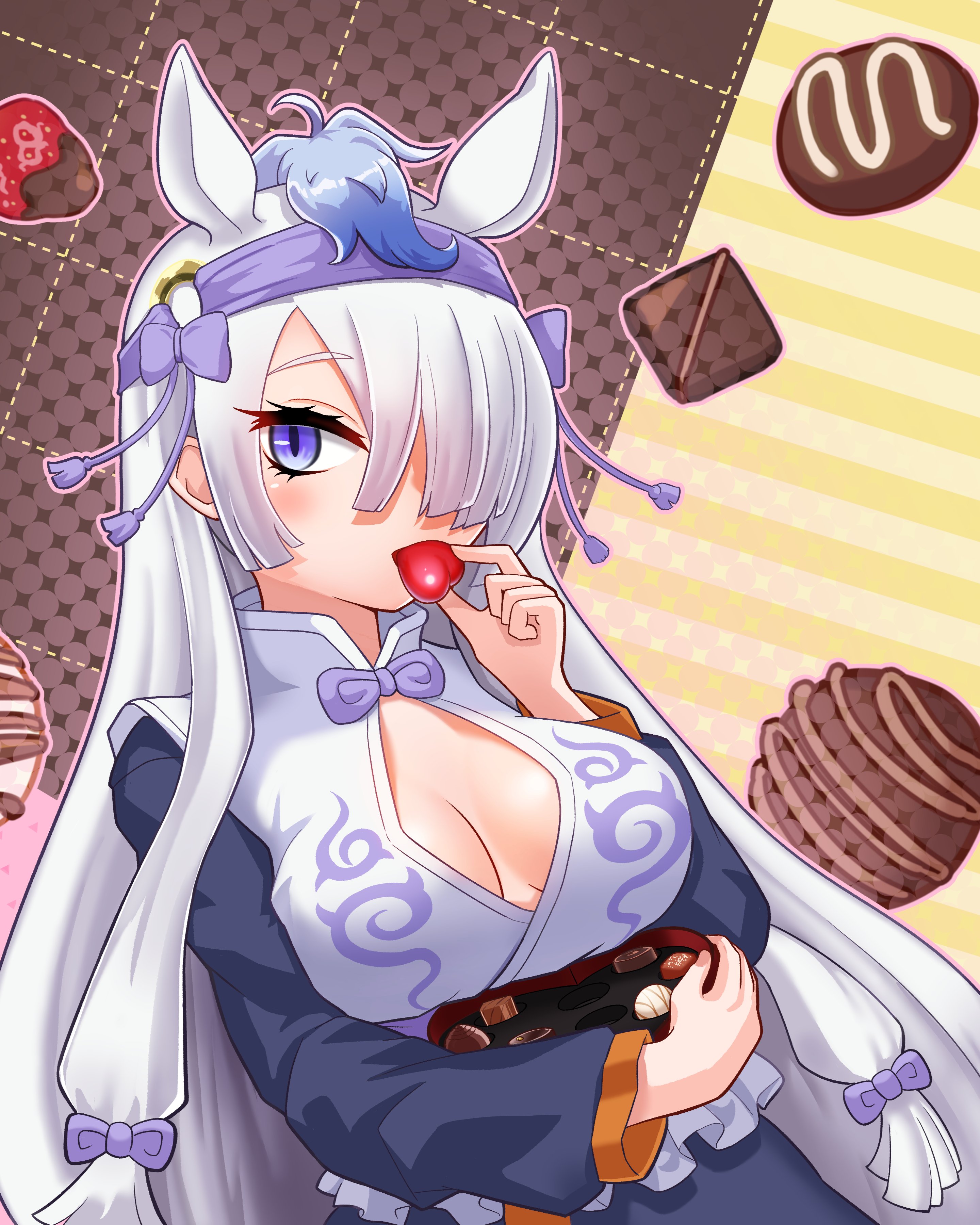 negi e mon, gyokuryu (kemono friends), kemono friends, absurdres, highres, 1girl, animal ears, blue eyes, blue hair, blue sleeves, blush, bow, bowtie, box, candy, chocolate, chocolate heart, eating, extra ears, food, frilled shirt, frills, gold trim, gradient hair, hair bow, hair over one eye, hairband, heart, heart-shaped box, heart-shaped food, high collar, horse ears, horse girl, long hair, long sleeves, multicolored hair, purple bow, purple bowtie, purple hairband, shirt, slit pupils, solo, upper body, white hair, white shirt