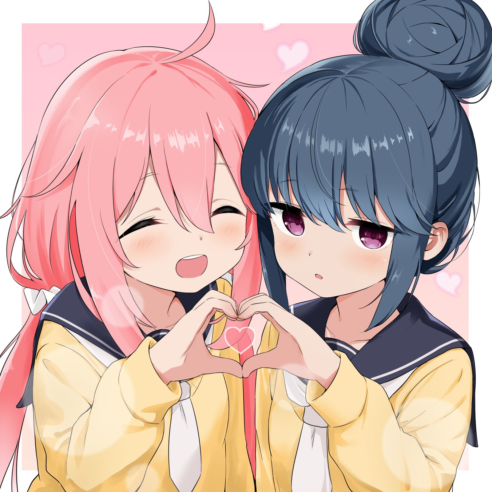 azumawari (azumofu), kagamihara nadeshiko, shima rin, yurucamp, commentary request, highres, 2girls, :d, ^ ^, ahoge, blue hair, blue sailor collar, border, closed eyes, dot nose, double-parted bangs, expressionless, hair bun, heart, heart hands, heart hands duo, jitome, light blush, long hair, long sleeves, looking at viewer, low twintails, motosu school uniform, multiple girls, neckerchief, open mouth, outside border, parted lips, pink background, pink hair, purple eyes, sailor collar, school uniform, scrunchie, serafuku, short hair, sidelocks, simple background, smile, sweater, teeth, twintails, upper body, upper teeth only, white border, white neckerchief, white scrunchie, yellow sweater