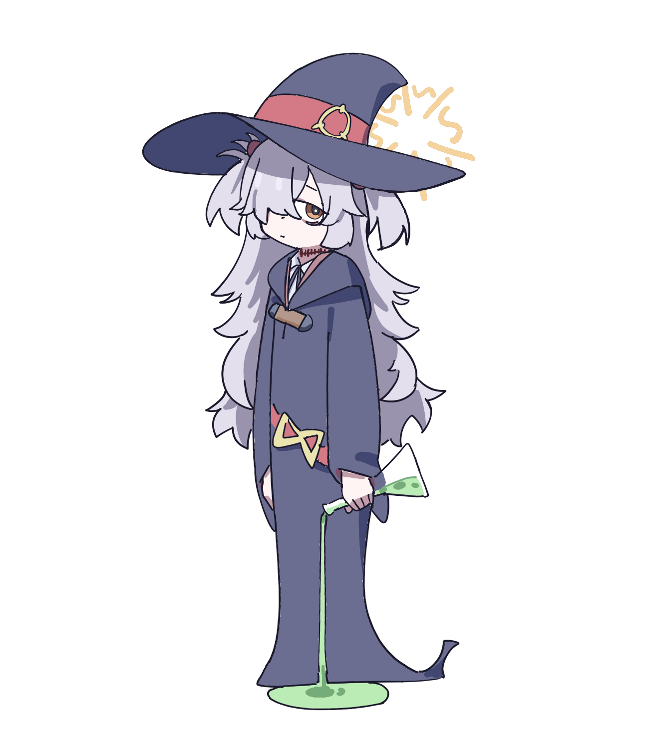 adon (dufaladanidu), kanoe (blue archive), sucy manbavaran, blue archive, little witch academia, highres, 1girl, arms at sides, bags under eyes, belt, belt buckle, black robe, buckle, collared shirt, cosplay, erlenmeyer flask, flask, full body, grey hair, hair over one eye, halo, hat, holding, holding flask, hood, hood down, liquid, long bangs, long hair, long sleeves, looking at viewer, luna nova school uniform, messy hair, orange eyes, parted bangs, red belt, robe, scar, scar on neck, school uniform, shirt, short twintails, sidelocks, sideways glance, simple background, solo, spilling, sucy manbavaran (cosplay), trait connection, twintails, very long hair, white background, white shirt, wide sleeves, witch, witch hat, yellow halo