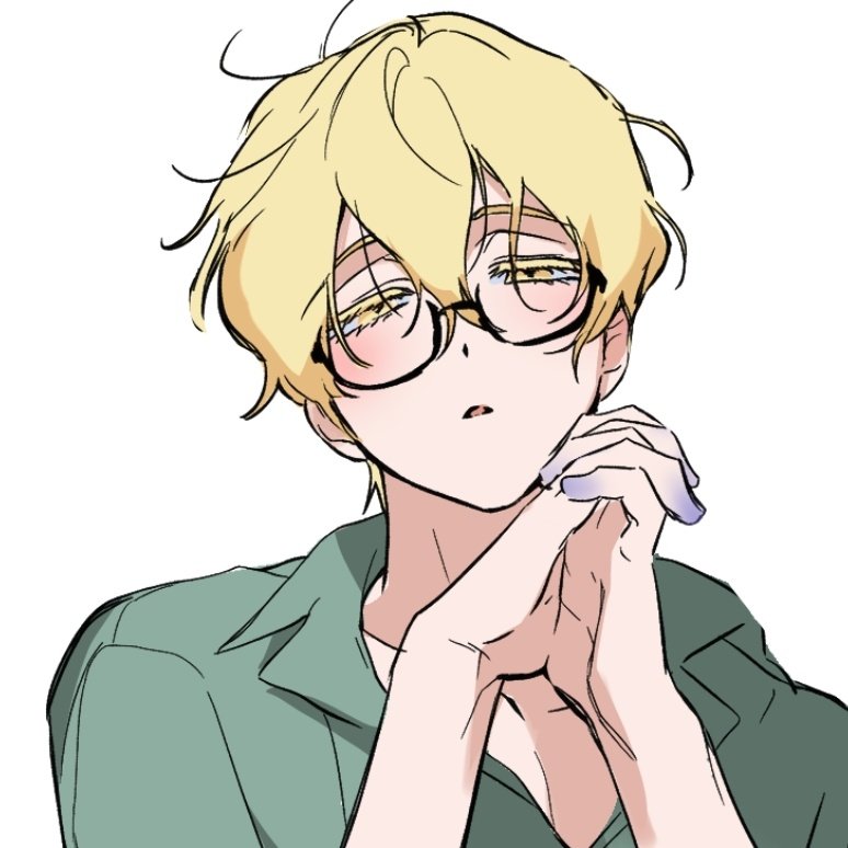 luka (alien stage), alien stage, 1boy, blonde hair, collared shirt, colored extremities, colored eyelashes, glasses, green shirt, hair between eyes, half-closed eyes, lubya, male focus, own hands together, parted lips, portrait, shirt, short hair, solo, very short hair