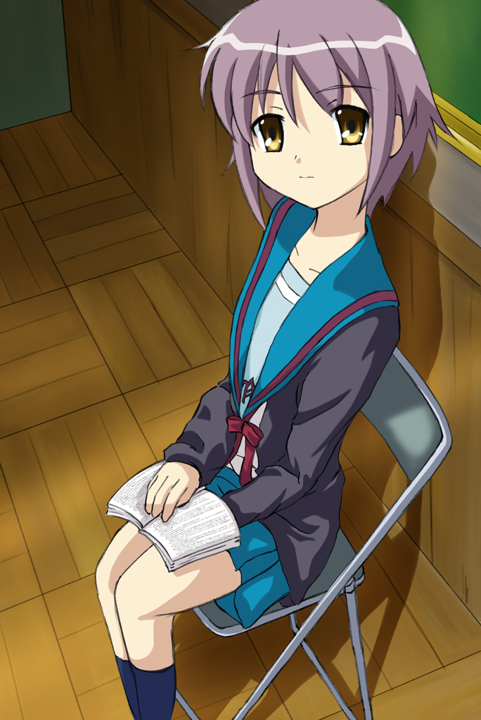 makino tomoyasu, nagato yuki, suzumiya haruhi no yuuutsu, 00s, book, cardigan, chair, on chair, school uniform, serafuku, solo, wooden floor