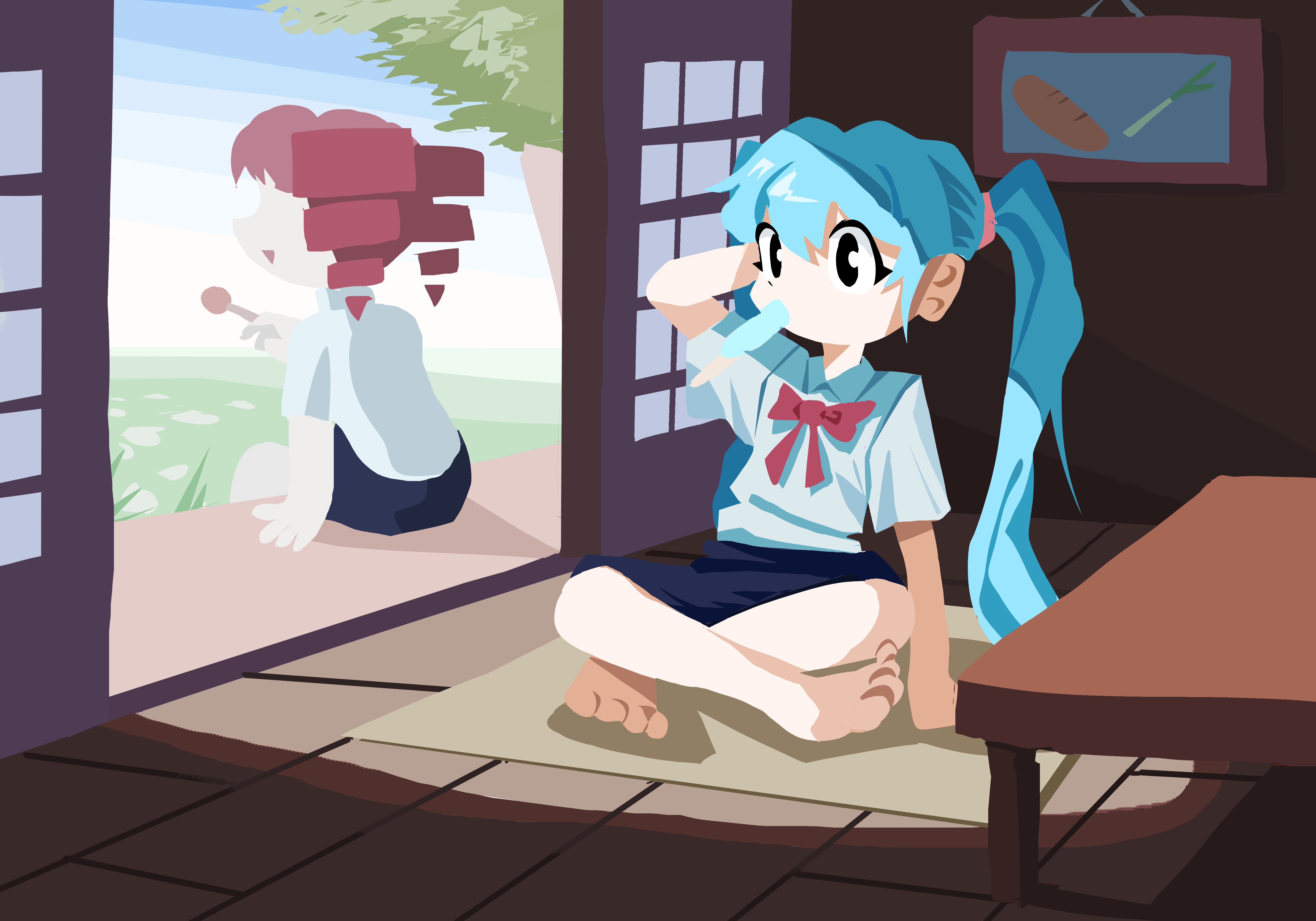 huchu (huchu sogume), hatsune miku, kasane teto, utau, vocaloid, absurdres, highres, 2girls, barefoot, black skirt, blue hair, bow, bowtie, day, drill hair, food, food in mouth, multiple girls, no lineart, popsicle, popsicle in mouth, red bow, red bowtie, red hair, shirt, short sleeves, sitting, skirt, summer, triple ryuunen, twin drills, twintails, white shirt