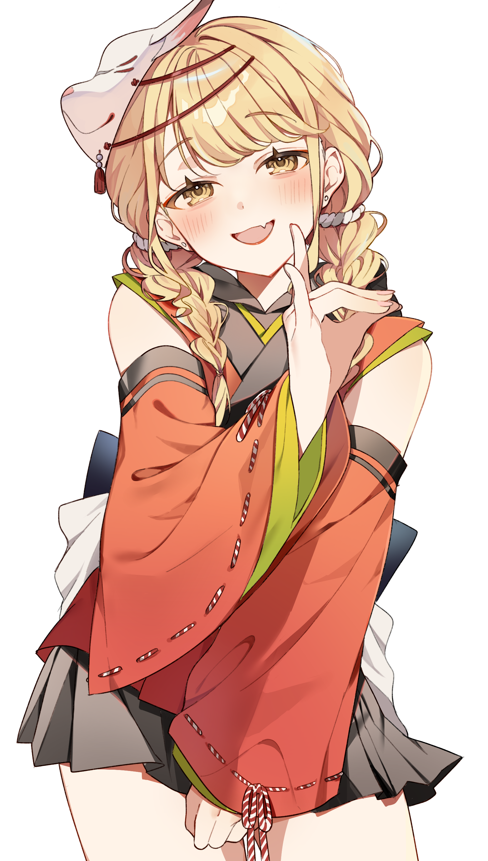 usamimikurage, fujita kotone, gakuen idolmaster, idolmaster, absurdres, commentary request, highres, 1girl, :d, bare shoulders, black skirt, blonde hair, blush, braid, contrapposto, cowboy shot, detached sleeves, dot nose, fang, fox mask, fox shadow puppet, hair over shoulder, hand up, head tilt, japanese clothes, kamurogiku (idolmaster), kimono, long bangs, long sleeves, looking at viewer, low twin braids, mask, mask on head, miniskirt, open mouth, pleated skirt, red kimono, red sleeves, simple background, skin fang, skirt, sleeveless, sleeveless kimono, smile, solo, twin braids, white background, wide sleeves, yellow eyes