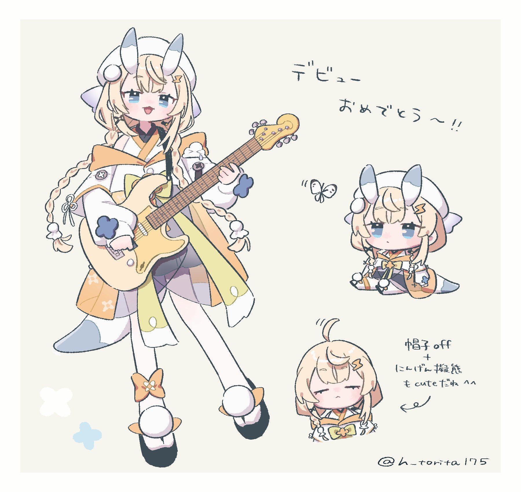 nana 07, kadou mikaru, nijisanji, highres, 1girl, :<, :3, ahoge, ankleband, bare shoulders, black skirt, blonde hair, blue eyes, blue horns, blue tail, blush, border, bow, braid, chibi, chibi inset, closed eyes, coat, coat partially removed, cropped torso, flower knot, footwear bow, full body, gradient pantyhose, guitar, hair ornament, hair over shoulder, hakama, hakama skirt, hat, headset, holding, holding guitar, holding instrument, horns, instrument, japanese clothes, kimono, layered sleeves, lightning bolt, lightning bolt hair ornament, lightning bolt symbol, long hair, long sleeves, low twin braids, miniskirt, multicolored horns, multiple views, no headwear, okobo, open mouth, pantyhose, platform sandals, pom pom (clothes), pom pom footwear, pom pom hair ornament, puffy long sleeves, puffy sleeves, ribbon, sandals, see-through clothes, short over long sleeves, short sleeves, sidelocks, simple background, sitting, skirt, standing, teruterubouzu, twin braids, twitter username, two-tone horns, two-tone tail, very long hair, virtual youtuber, white border, white coat, white hat, white horns, white kimono, white pantyhose, white tail, x hair ornament, yellow background, yellow bow, yellow ribbon, yellow trim