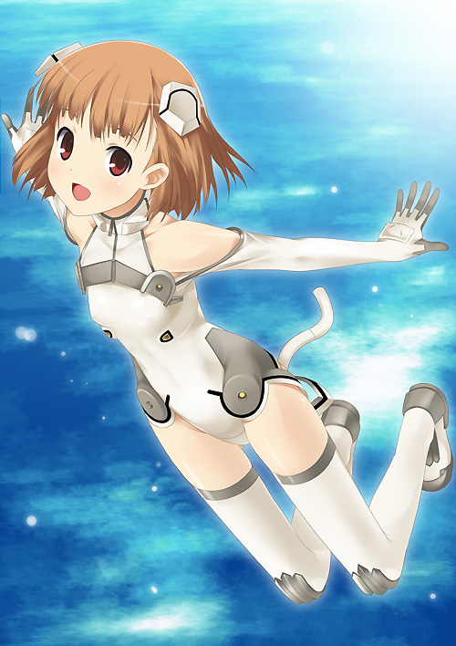 mizuki makoto, sakurano otoha, sky girls, pilot suit, 00s, 1girl, :d, bare shoulders, boots, brown hair, covered erect nipples, elbow gloves, female focus, flat chest, floating, flying, full body, gloves, halterneck, happy, headgear, leotard, looking at viewer, mecha pilot suit, motion slit, motionslit, open mouth, outstretched arms, red eyes, short hair, smile, solo, spread arms, thigh boots, thighhighs, turtleneck, white boots, white gloves, white thighhighs
