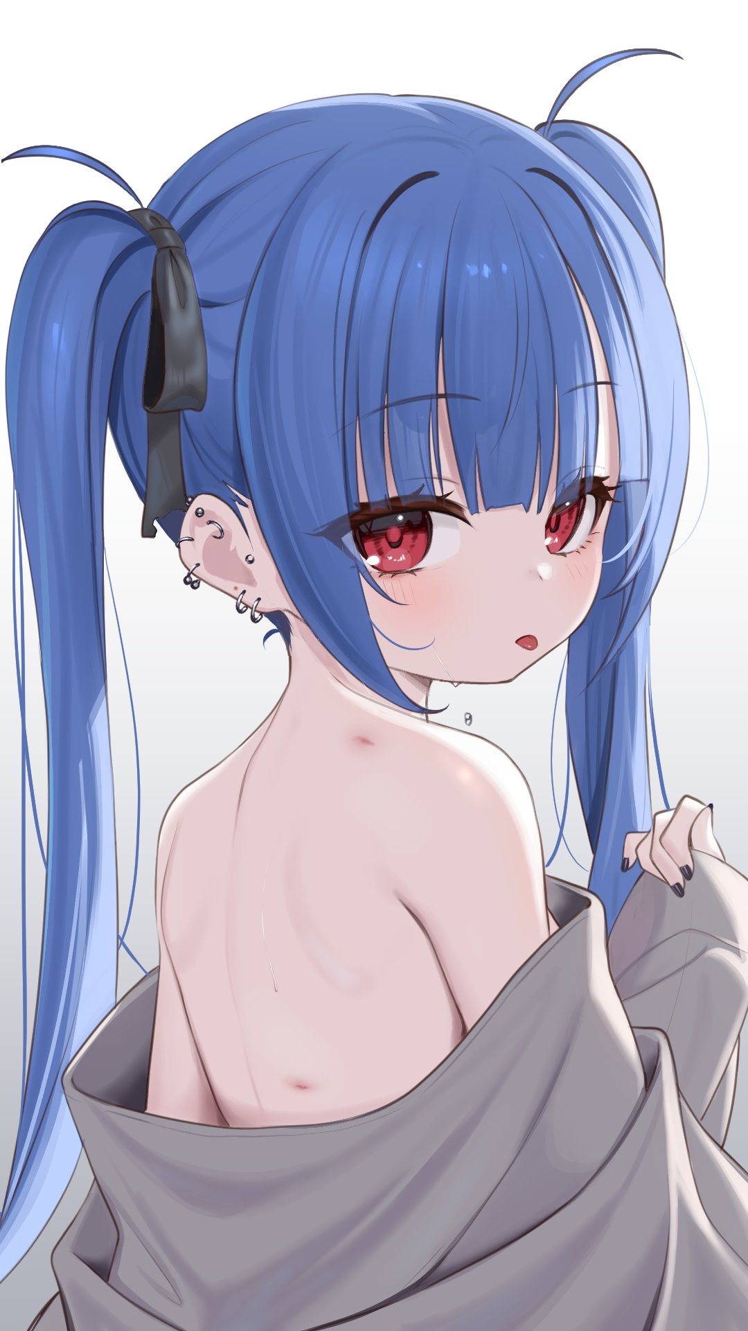 tsukiman, original, commentary request, highres, 1girl, black bow, black nails, blue hair, bow, closed mouth, ear piercing, from behind, gradient background, grey background, hair bow, kanae (tsukiman), looking at viewer, looking back, nail polish, piercing, red eyes, solo, tongue, tongue out, twintails, upper body, white background