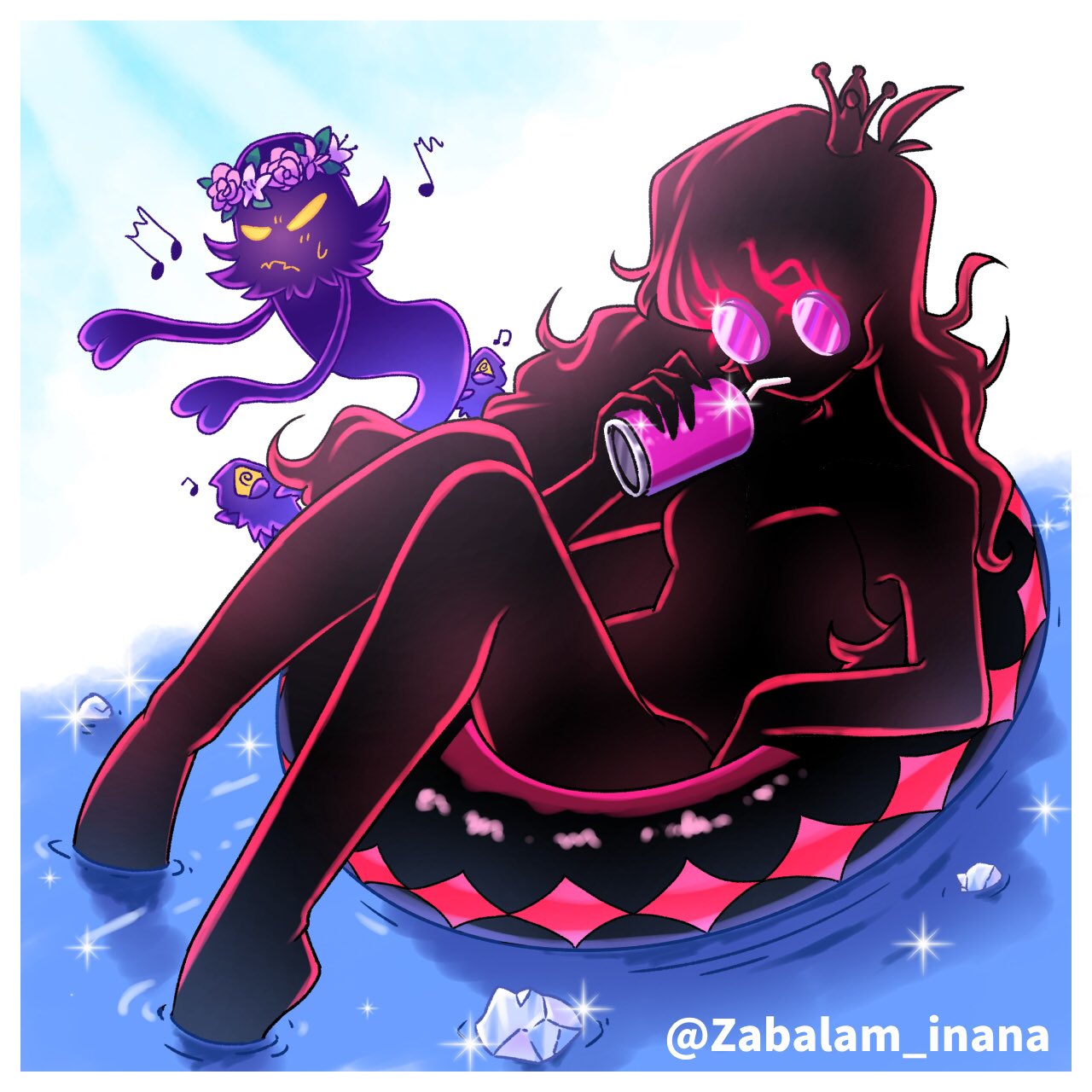 zabalam inana, queen vanessa, snatcher (a hat in time), a hat in time, commentary request, highres, 1boy, 1girl, beamed eighth notes, black skin, border, can, closed mouth, colored skin, crown, drink can, drinking straw, eighth note, ghost, head wreath, holding, holding can, ice, innertube, long hair, minion (a hat in time), musical note, pink-framed eyewear, sparkle, swim ring, twitter username, water, white border, yellow eyes