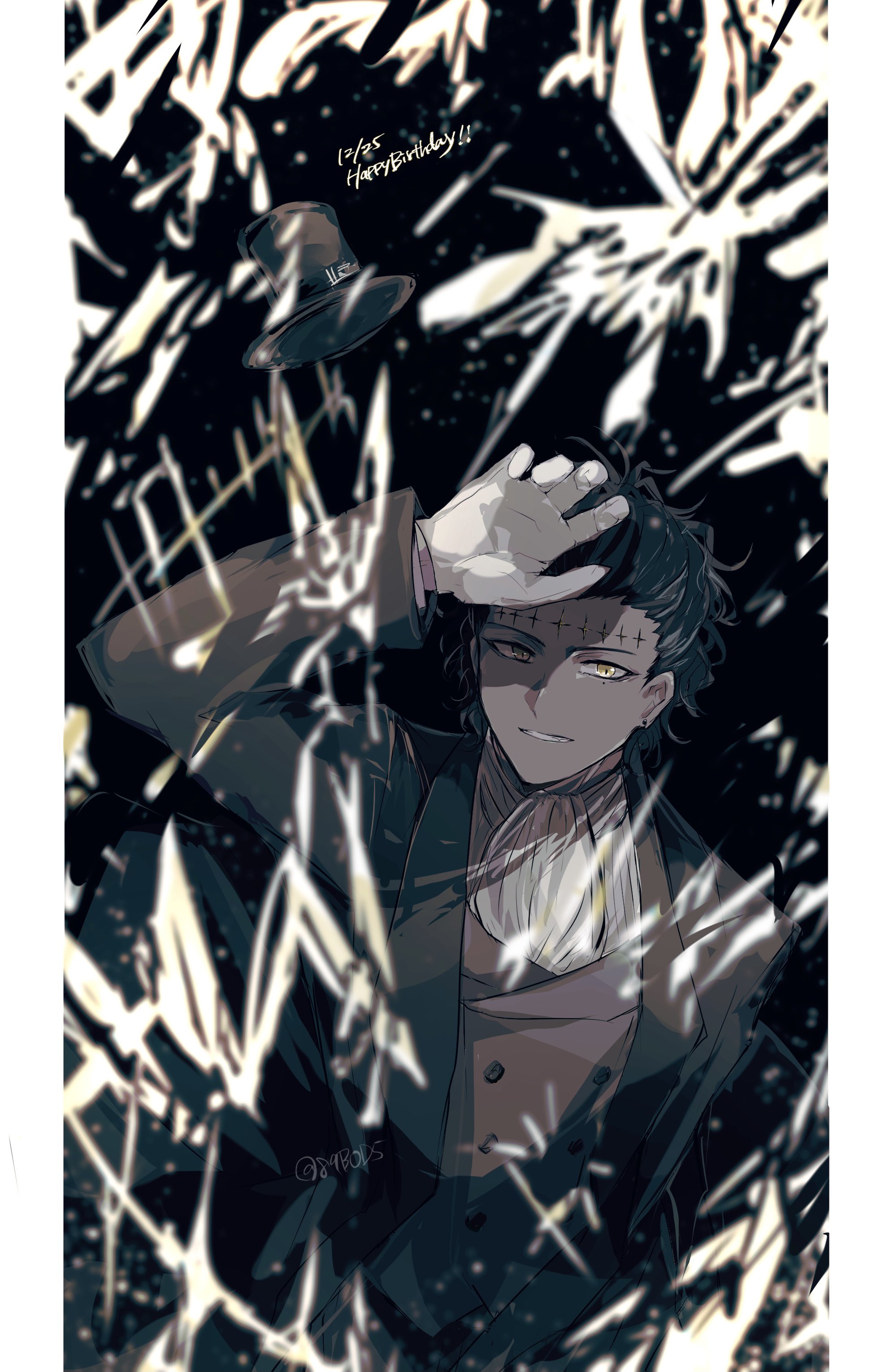 sodamachi, tyki mikk, d.gray-man, absurdres, highres, 1boy, abstract background, birthday, black background, black hair, black hat, black suit, buttons, colored skin, earrings, facial mark, floating clothes, floating hat, forehead mark, formal clothes, gloves, grey skin, grey vest, hair slicked back, hand up, happy birthday, hat, jewelry, large hat, looking at viewer, male focus, mature male, mole, mole under eye, neckerchief, noah (d.gray-man), parted lips, shirt, short hair, signature, solo, stud earrings, suit, twitter username, vest, wavy hair, white gloves, white neckerchief, white shirt, yellow eyes