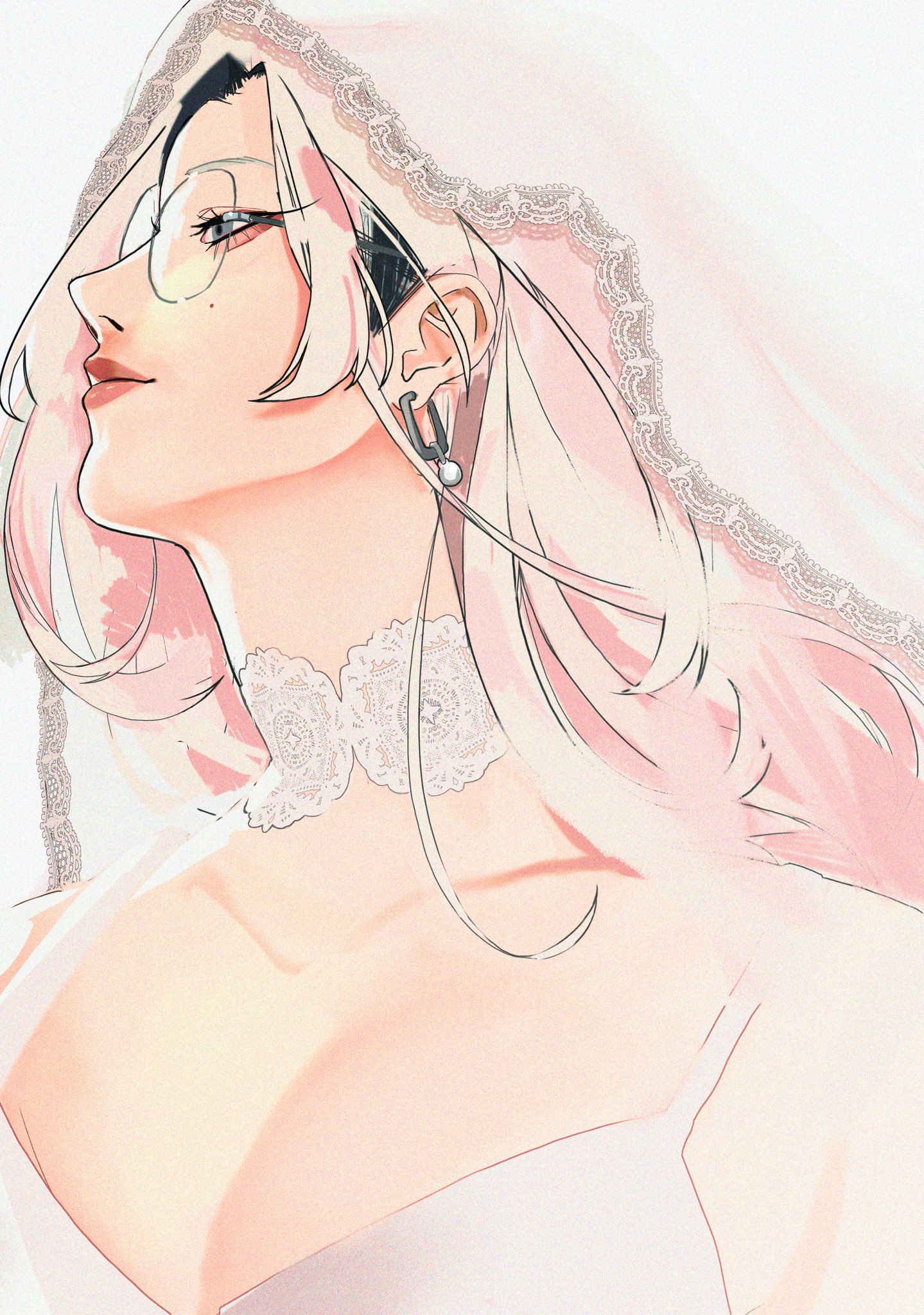 tao (gokurakugai), gokurakugai, commentary, highres, 1girl, black eyeliner, black roots, blue eyes, dress, earrings, eyeliner, glasses, jewelry, light smile, long hair, makeup, mole, red lips, shevabat2, simple background, solo, upper body, veil, white background, white dress