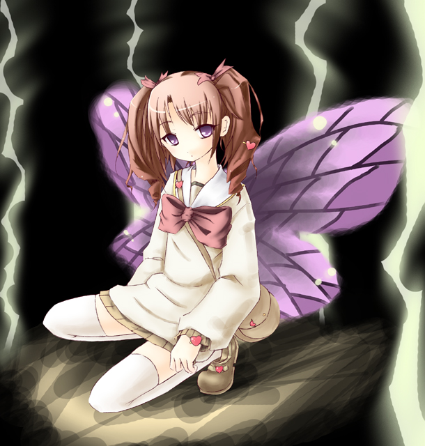 samuraiguchi, mushiuta, 1girl, brown shoes, fairy, female focus, school uniform, serafuku, shoes, solo, thighhighs, zettai ryouiki
